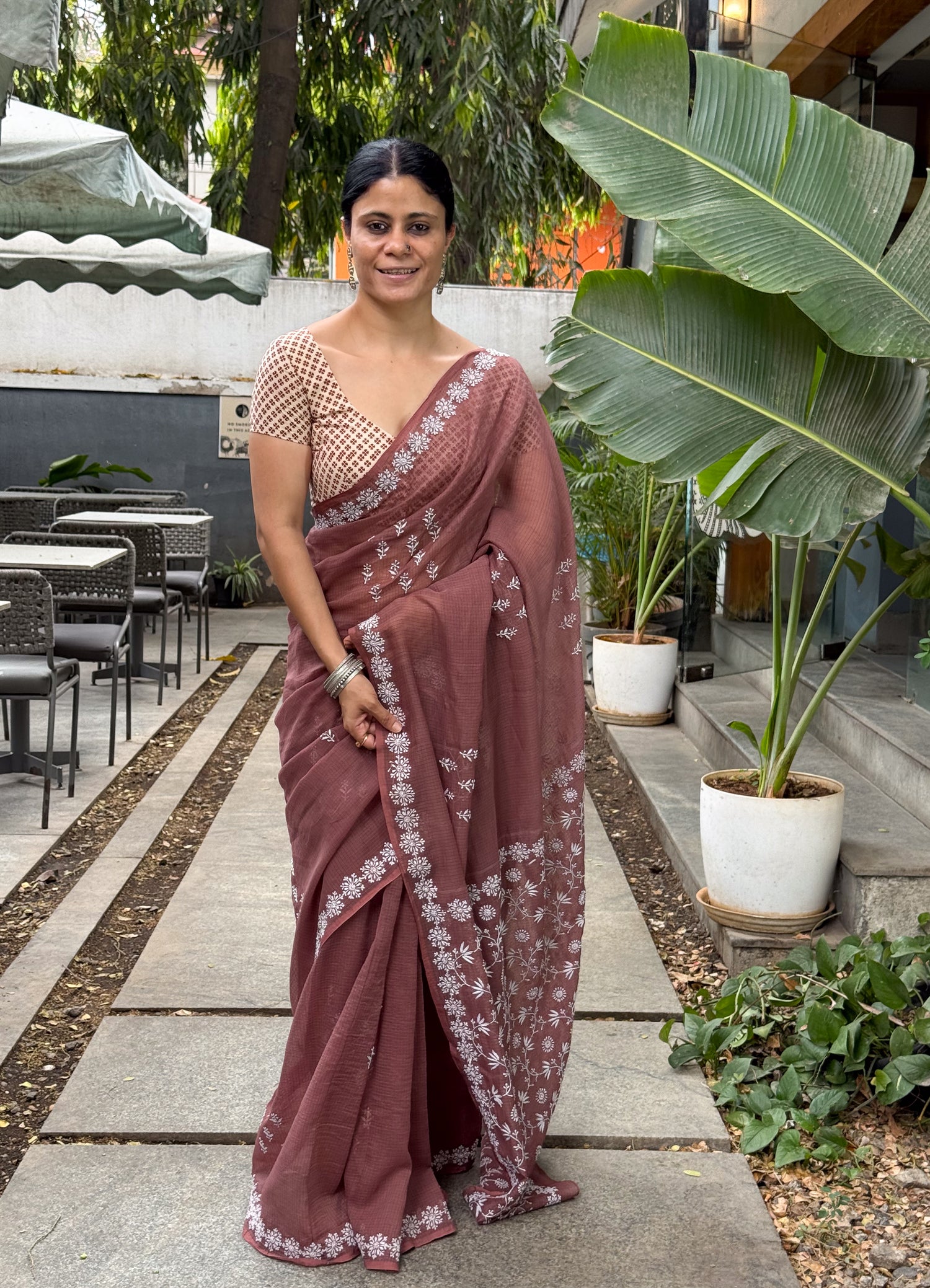 A Hand-Embroidered Chikankari Kota Doria Saree