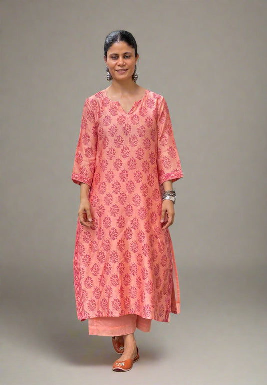 Handloom Hand Block Printed Chanderi Silk Kurta Set