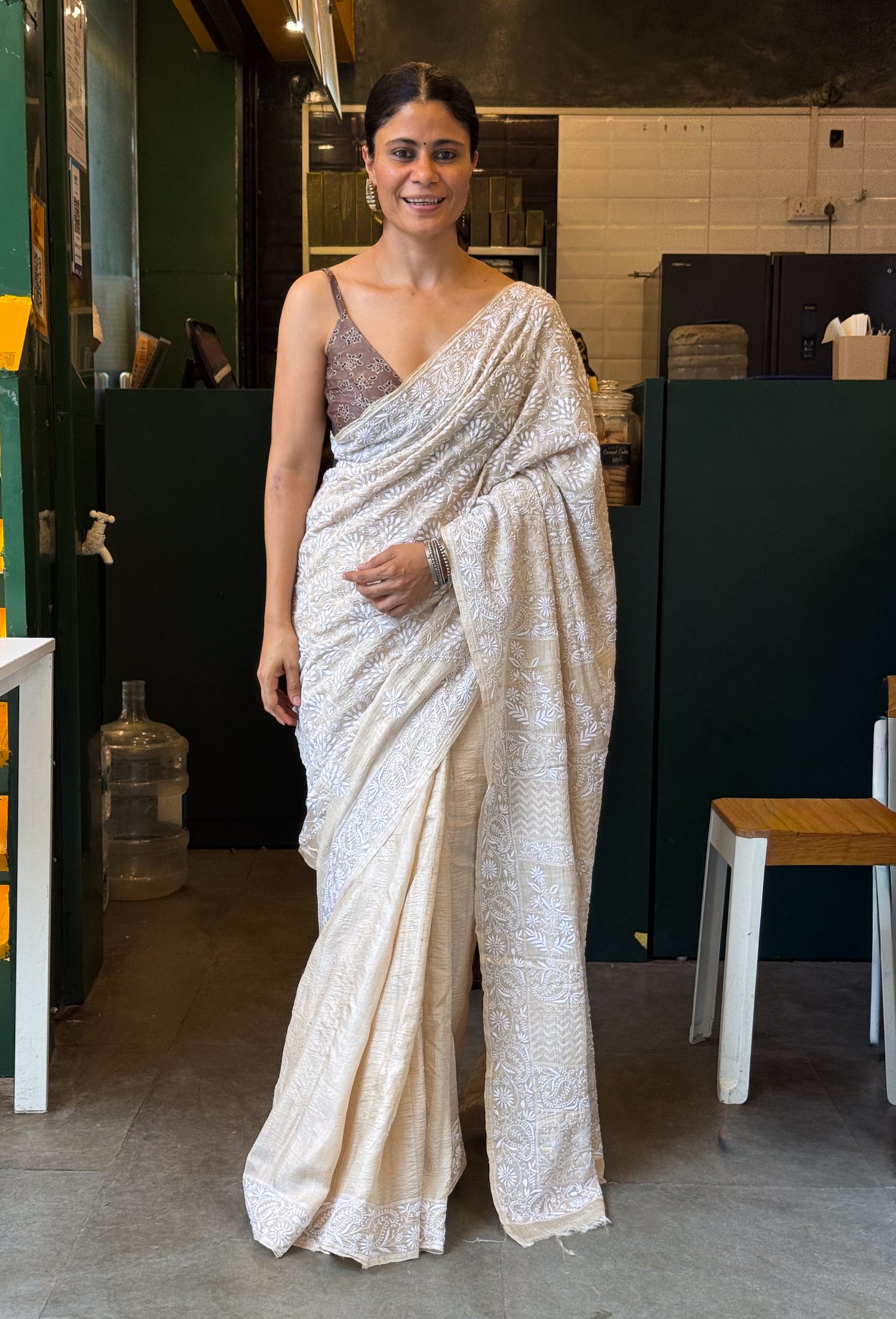 A Hand-Embroidered Chikankari Tussar Silk Saree