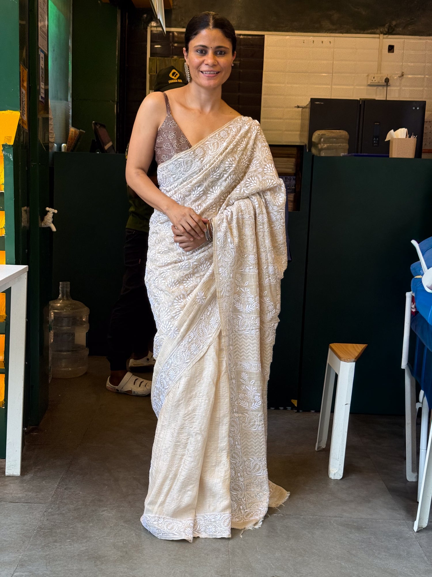 A Hand-Embroidered Chikankari Tussar Silk Saree