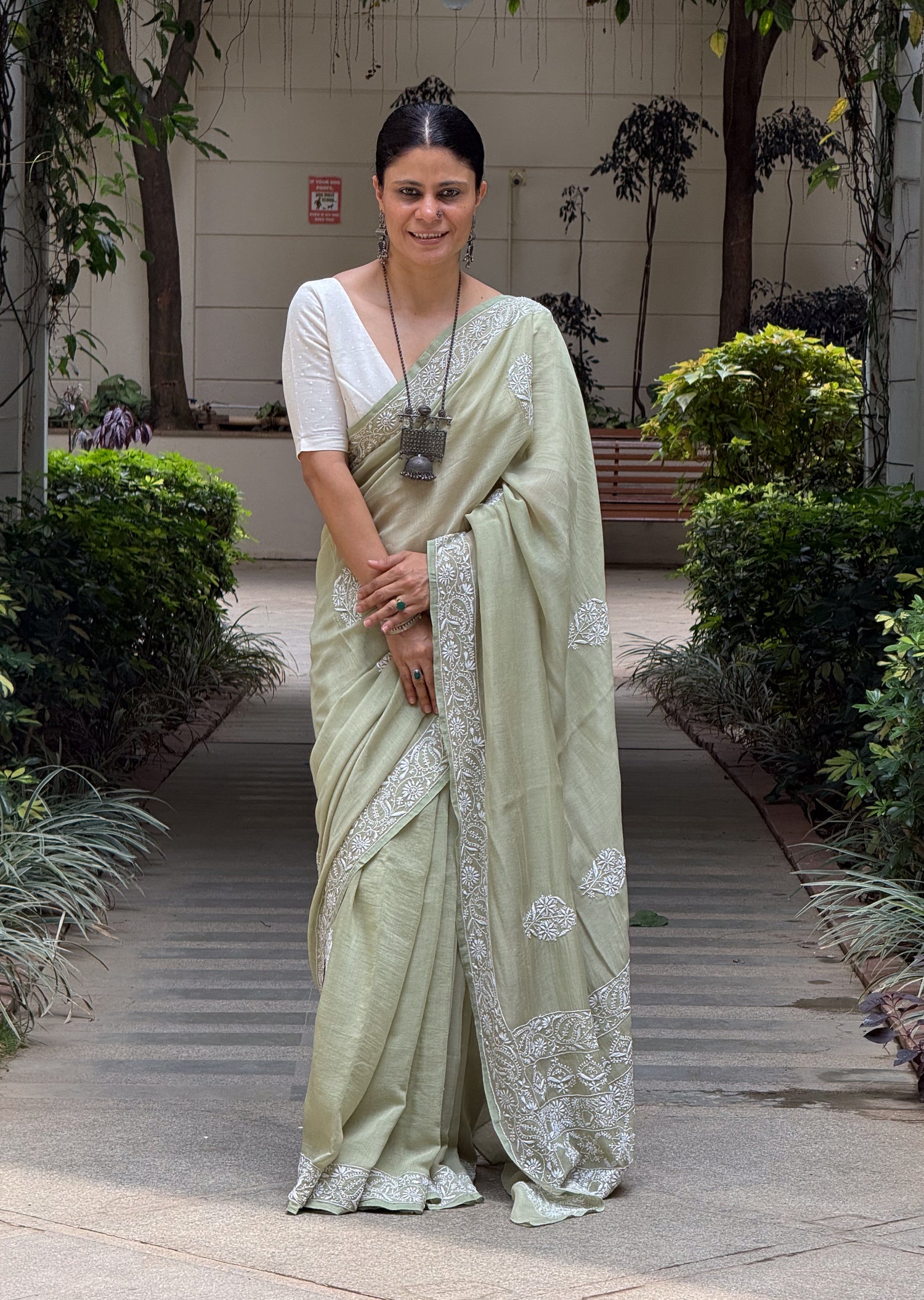 A Hand-Embroidered Chikankari Muslin Chanderi Saree