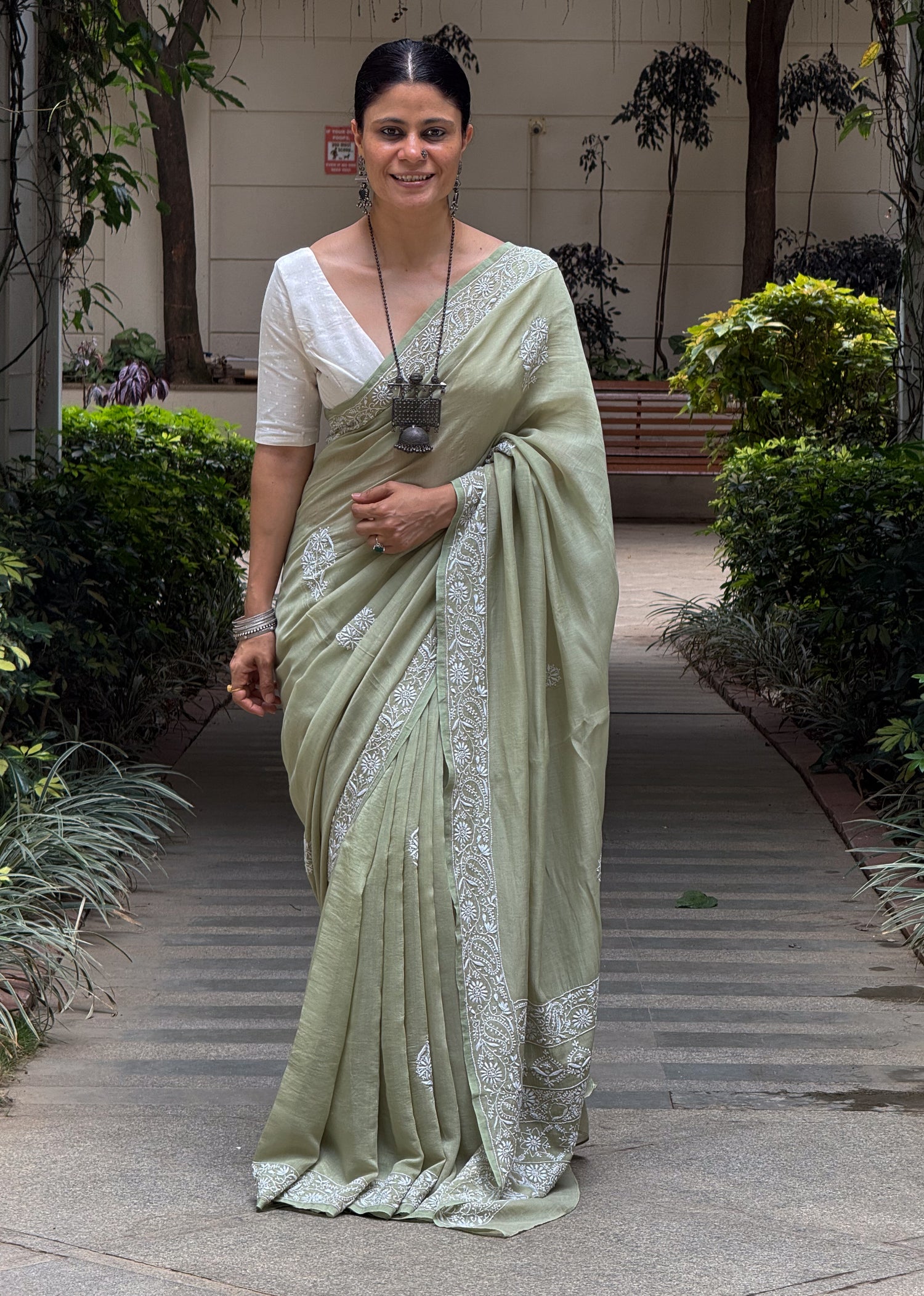 A Hand-Embroidered Chikankari Muslin Chanderi Saree