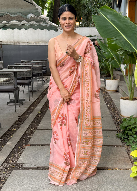 Hand block Printed  Kota Doria Saree