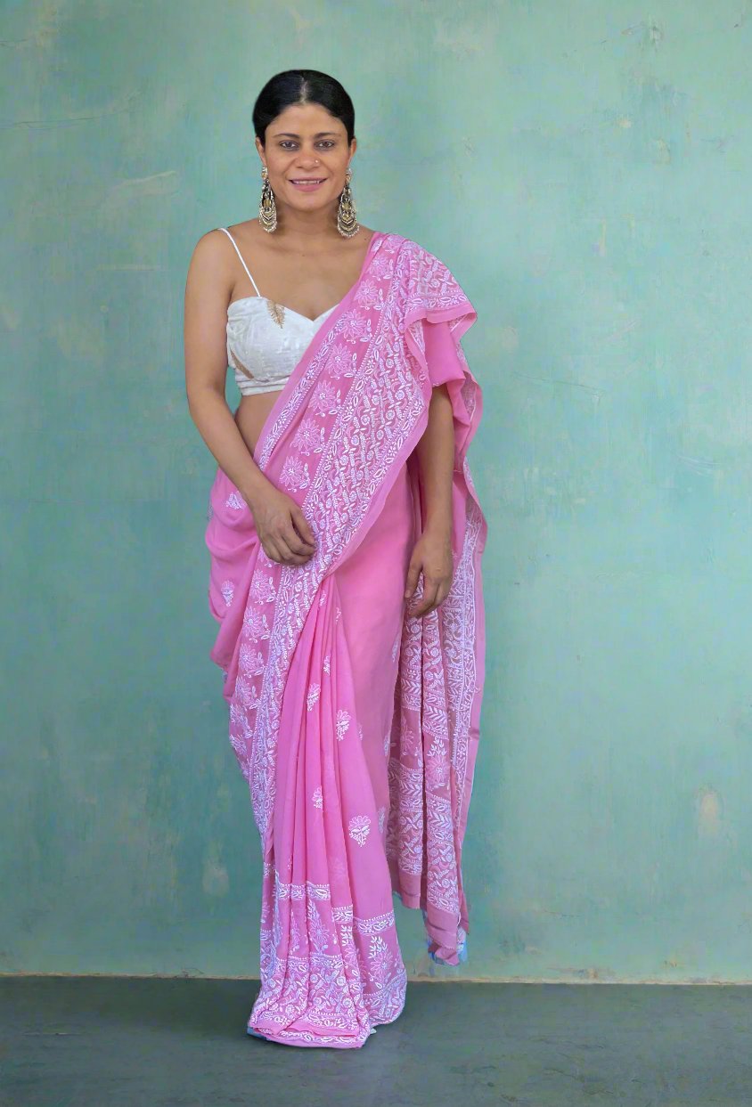 Handembroidered  Chikanakri  Pure georgette Silk Saree
