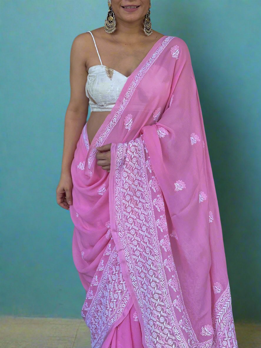 Handembroidered  Chikanakri  Pure georgette Silk Saree