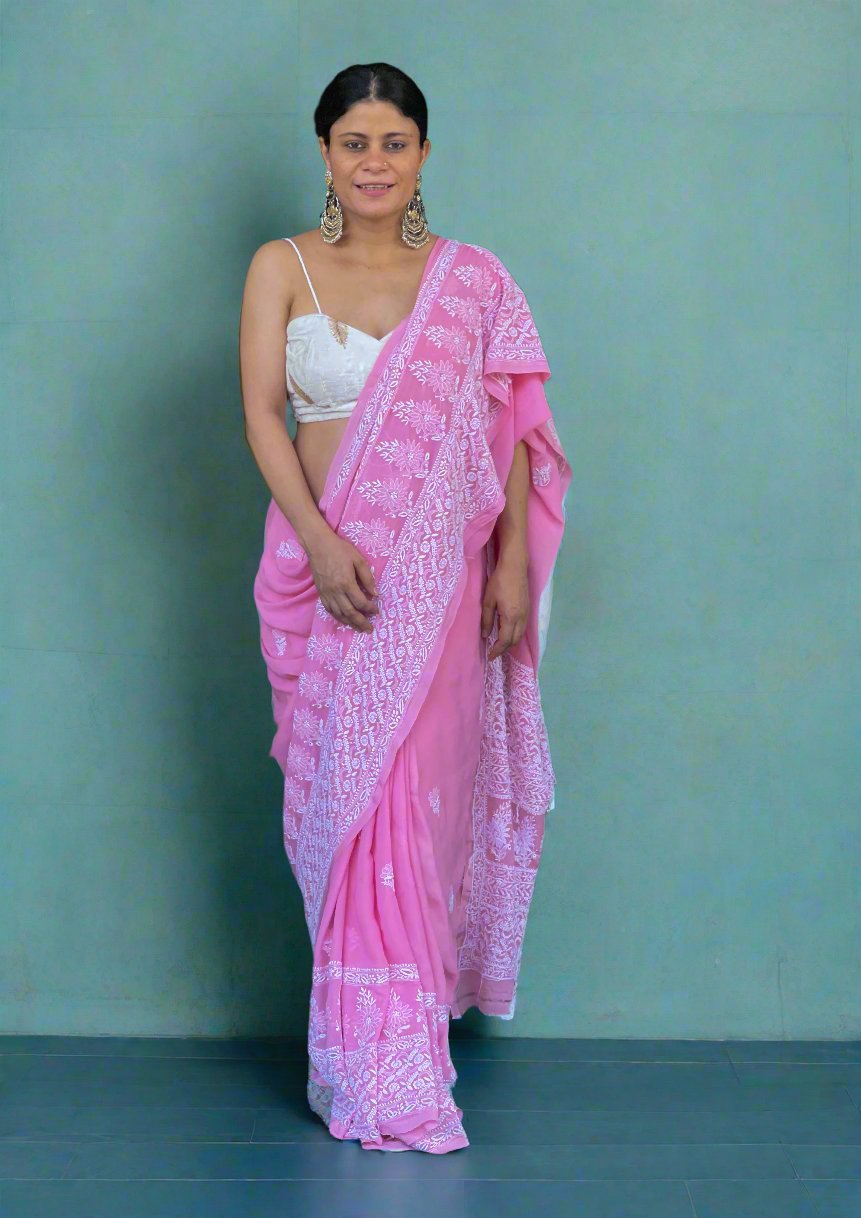 Handembroidered  Chikanakri  Pure georgette Silk Saree
