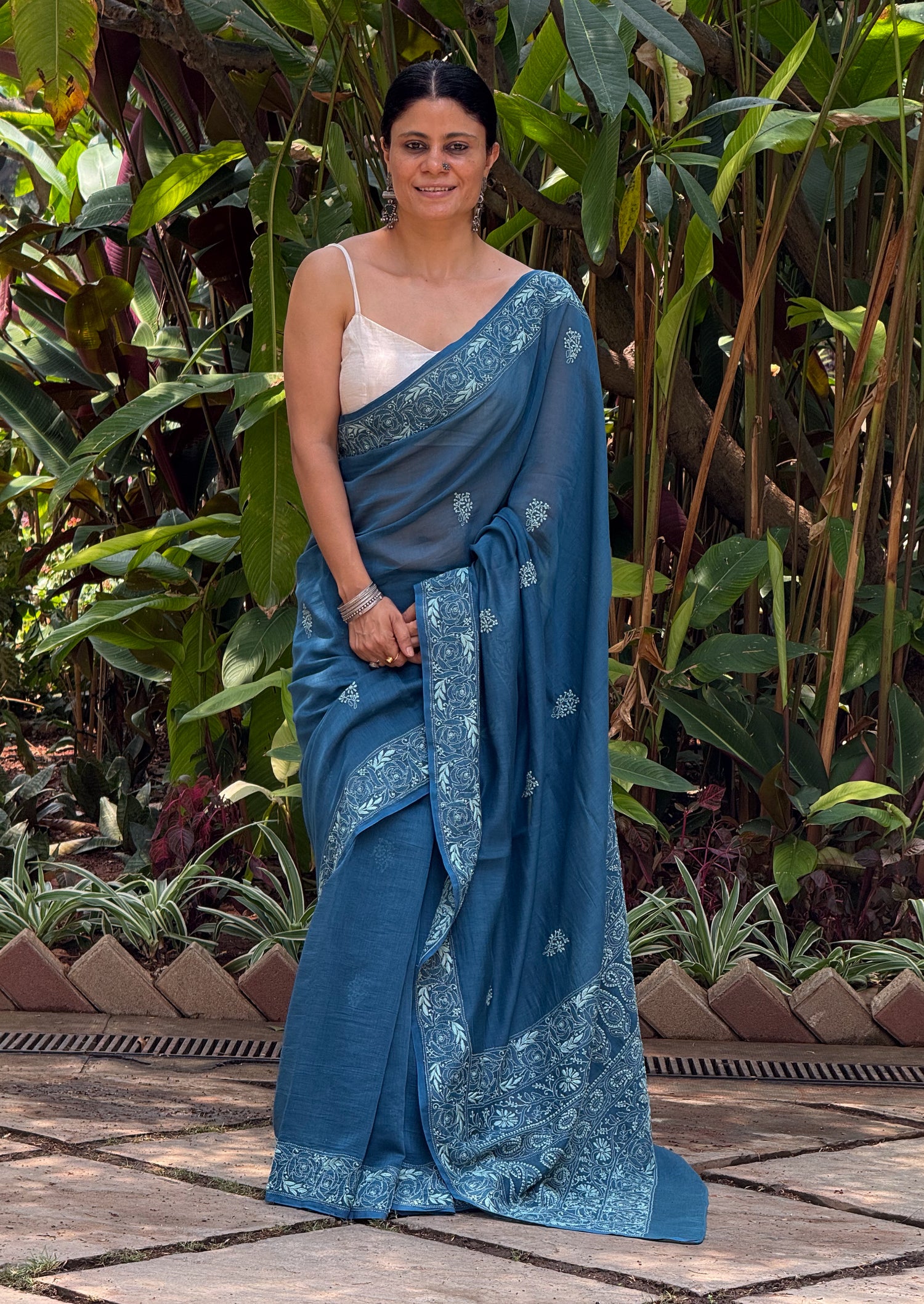 A Hand-Embroidered Chikankari Muslin Chanderi Saree
