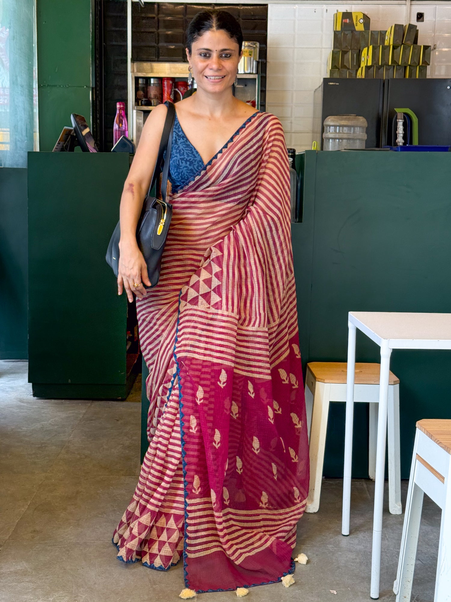 Hand block & Applique Hand Embroidered Kota Doria Saree