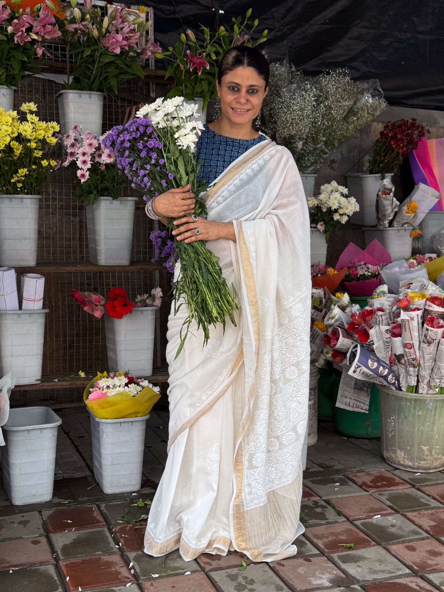 A Hand-Embroidered Chikankari  Chanderi Silk  Saree