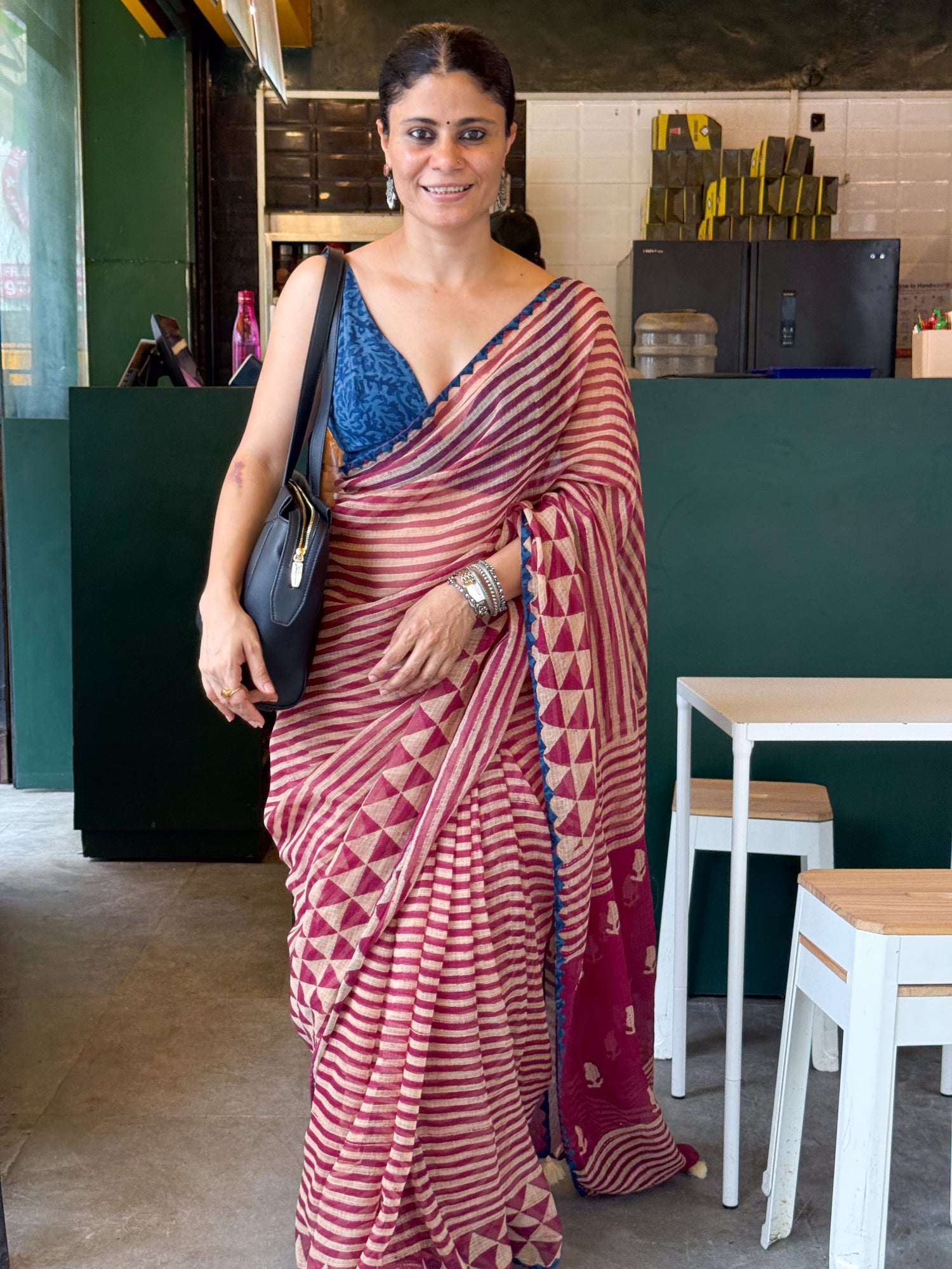 Hand block & Applique Hand Embroidered Kota Doria Saree