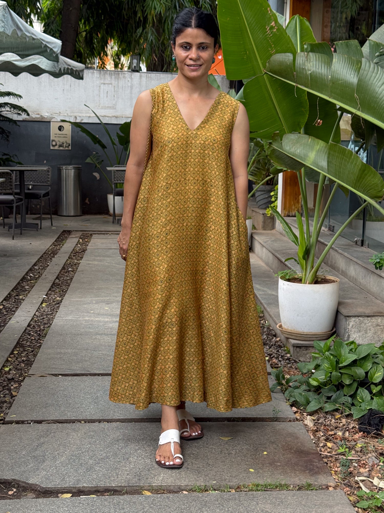 Handblock Printed  Pure Chanderi Silk Dress.