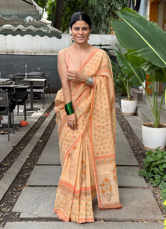 Hand block Printed  Kota Doria Saree