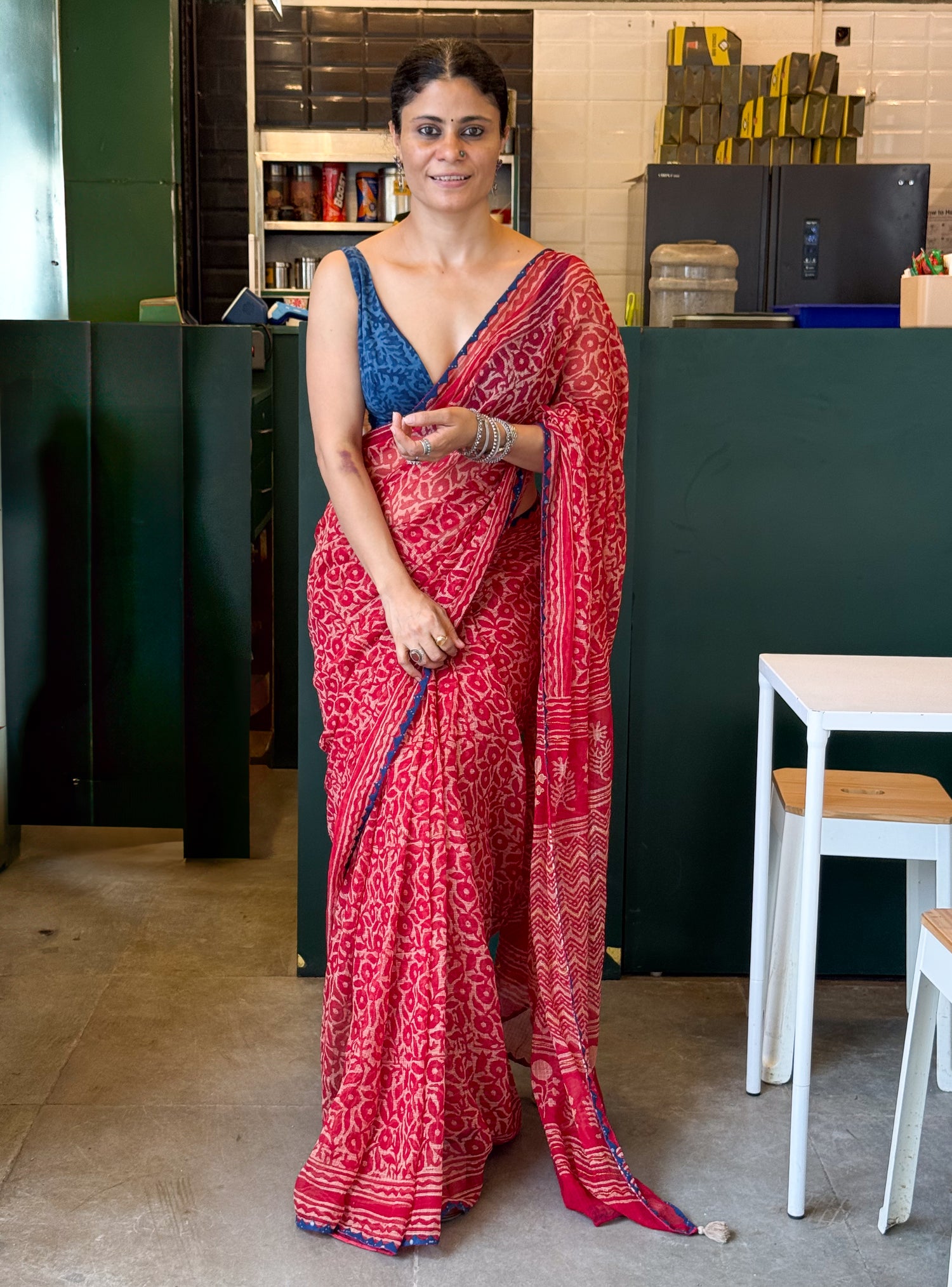 Hand block & Applique Hand Embroidered Kota Doria Saree