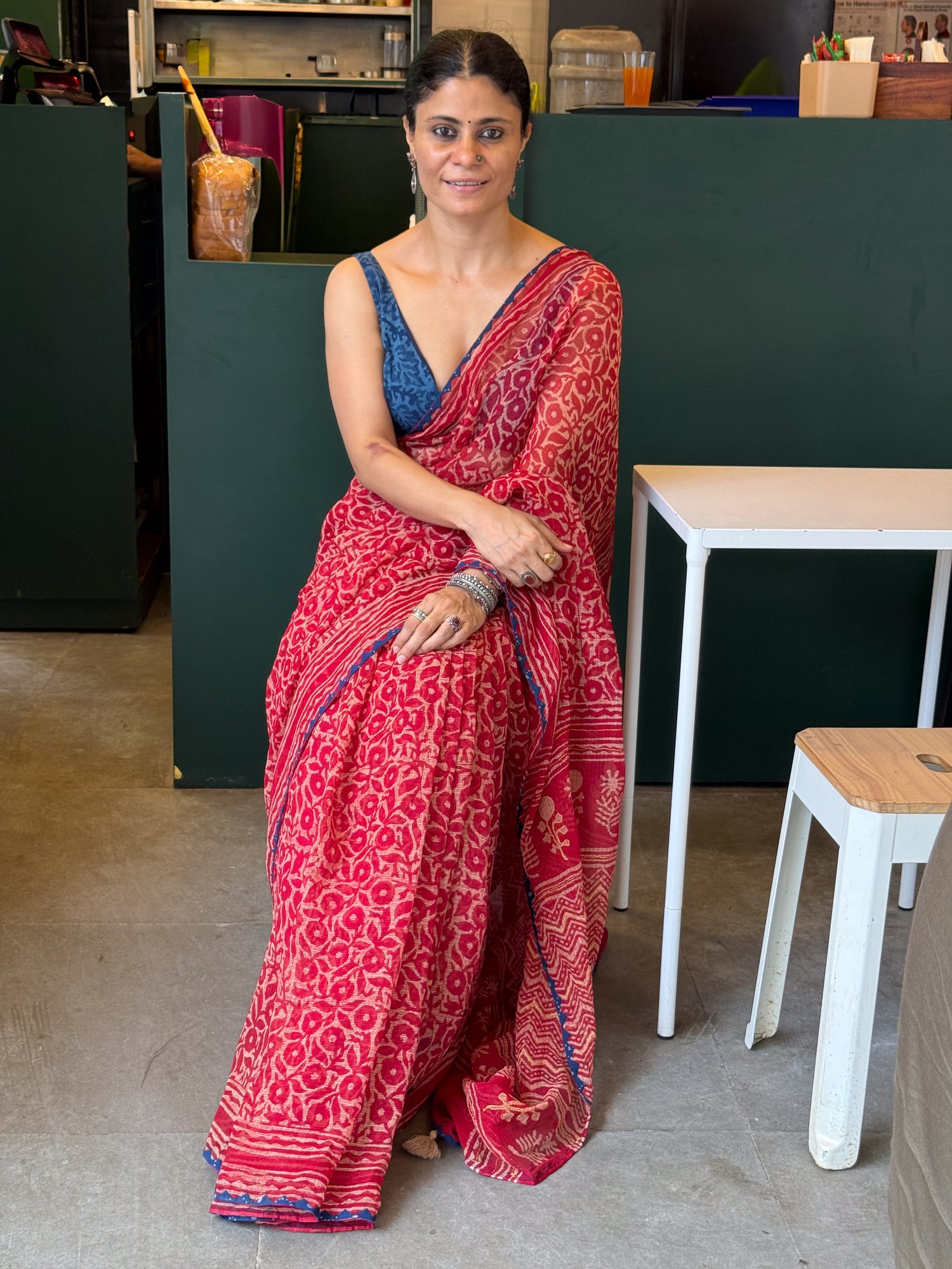 Hand block & Applique Hand Embroidered Kota Doria Saree