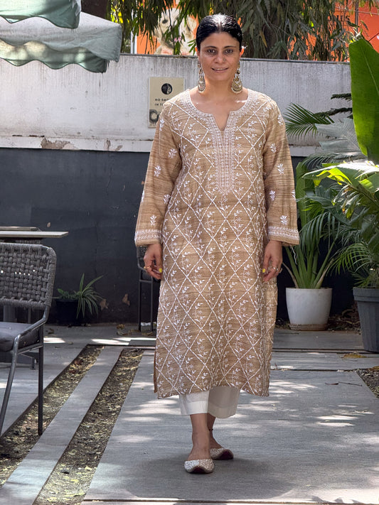 Pure Tussar Raw  Silk Chikankari  Embroidered Kurta