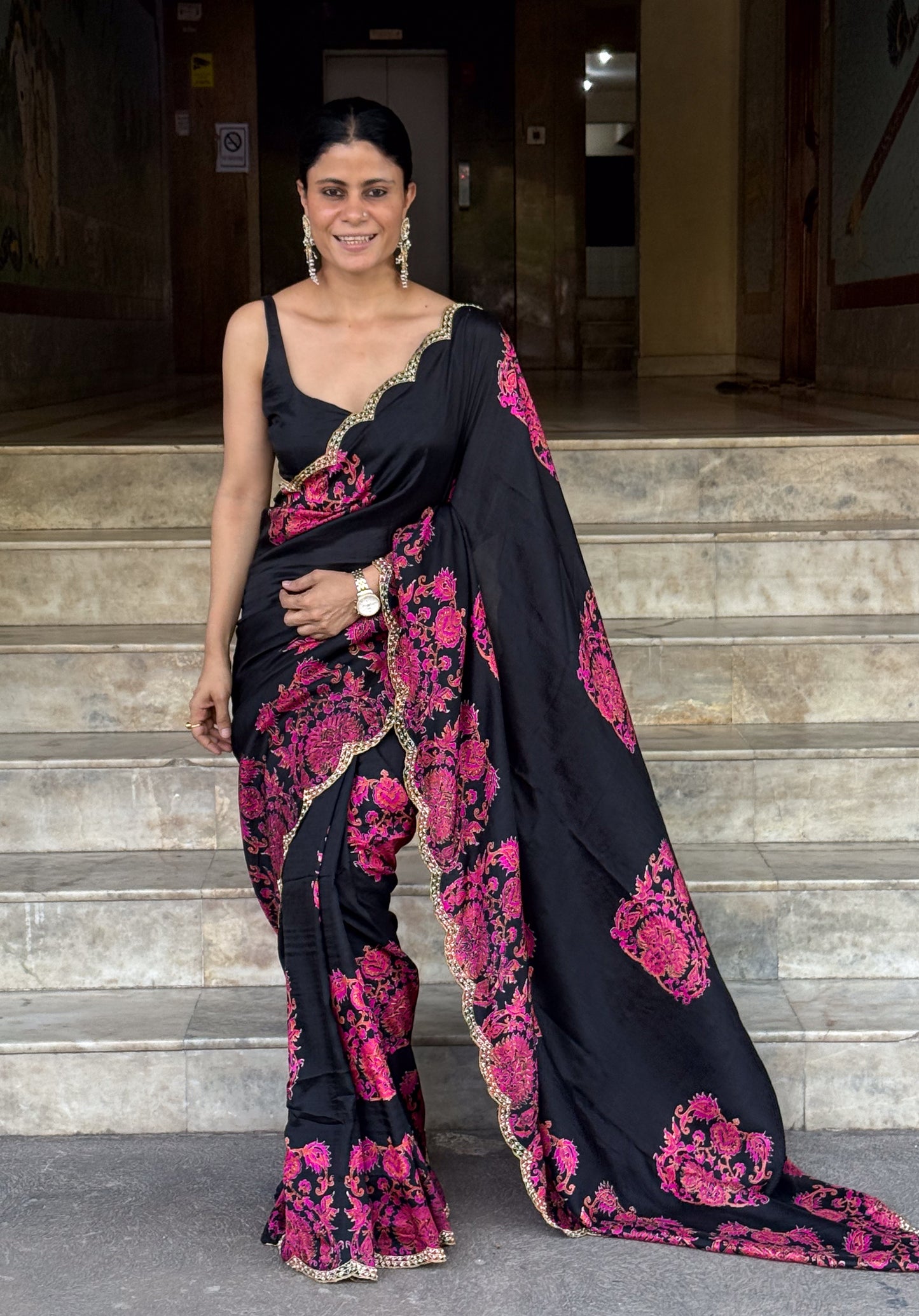 Handloom Hand Block Printed & Hand Embroidered Mulberry Silk Saree