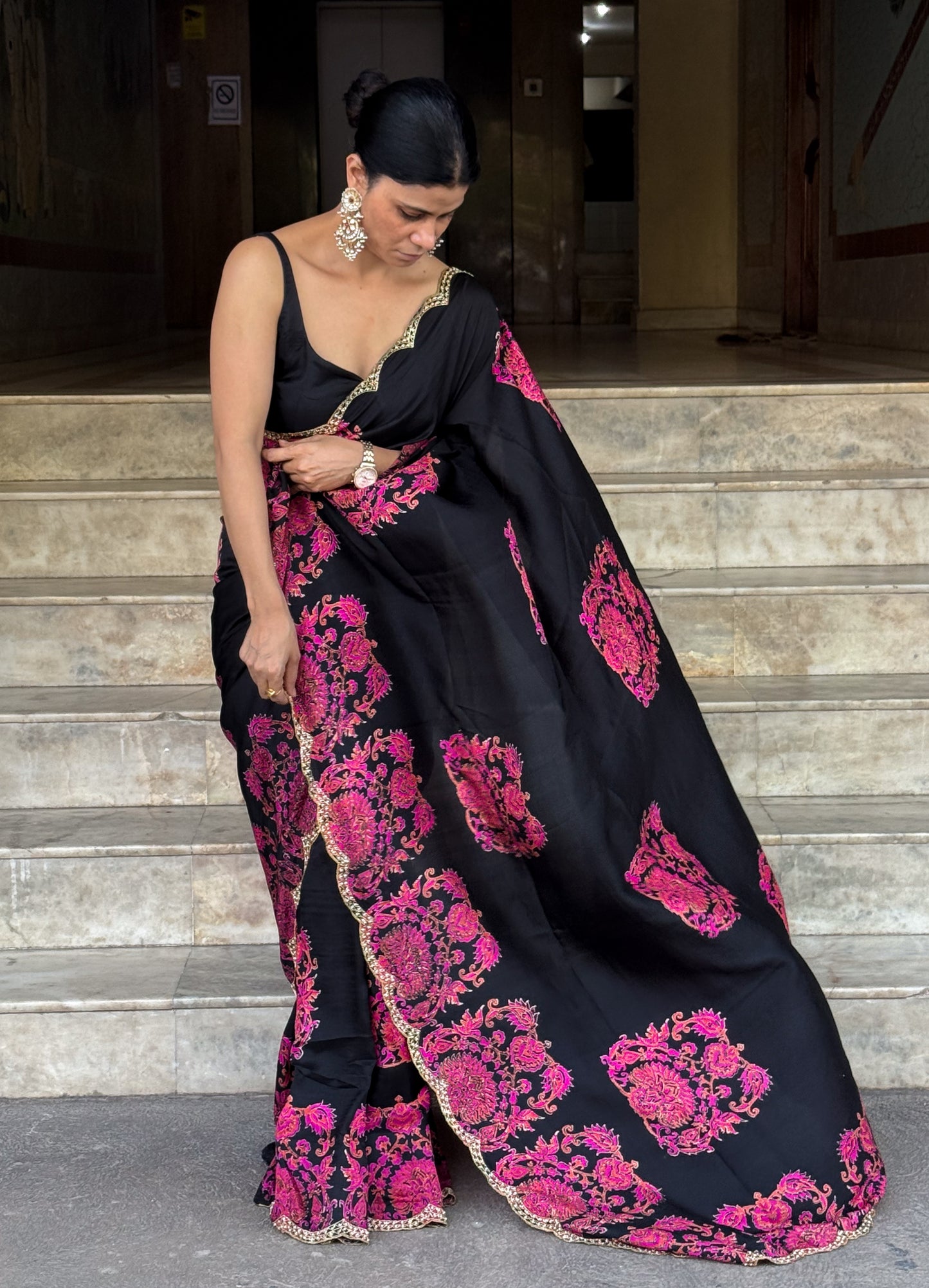 Handloom Hand Block Printed & Hand Embroidered Mulberry Silk Saree