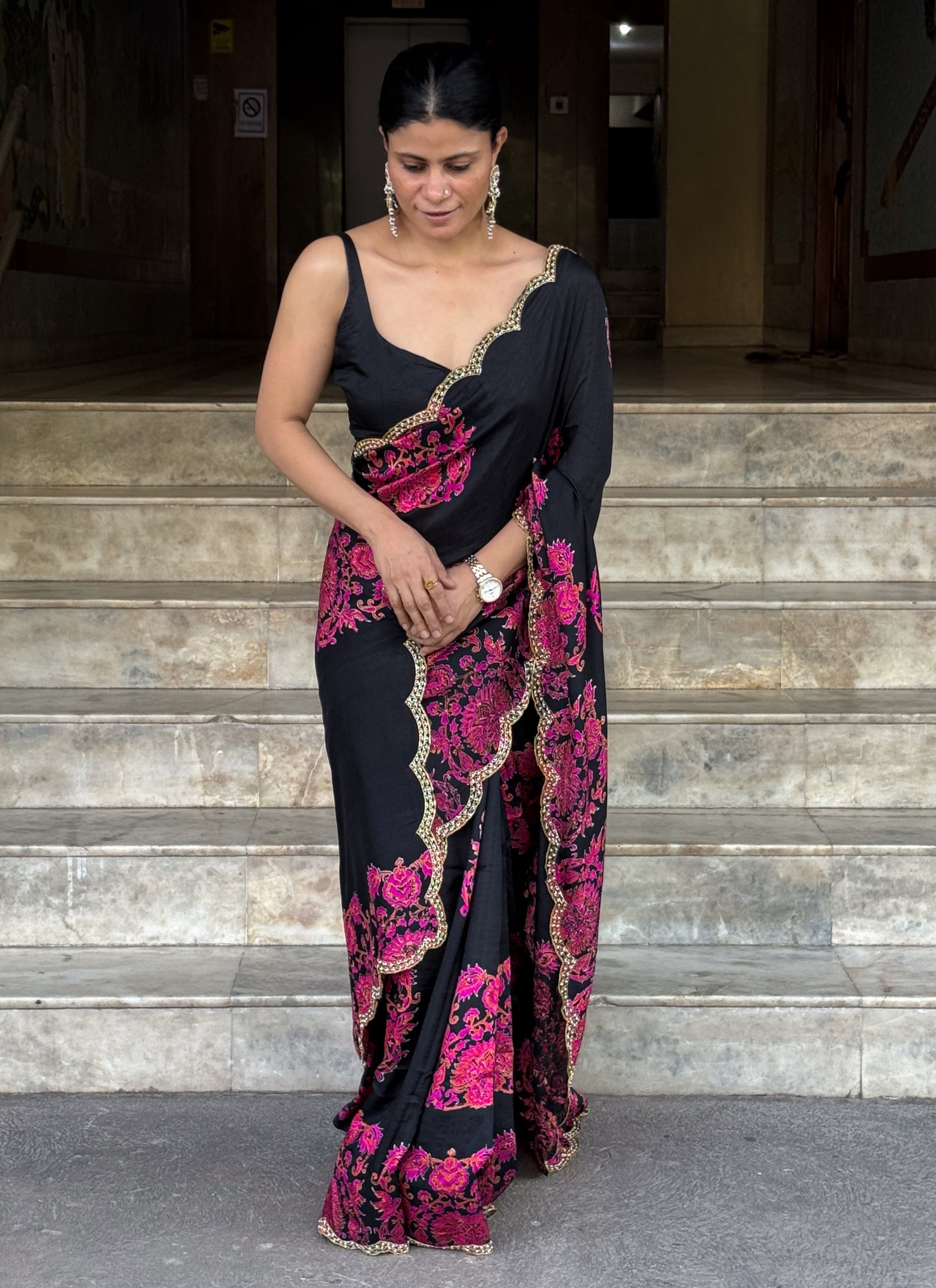 Handloom Hand Block Printed & Hand Embroidered Mulberry Silk Saree