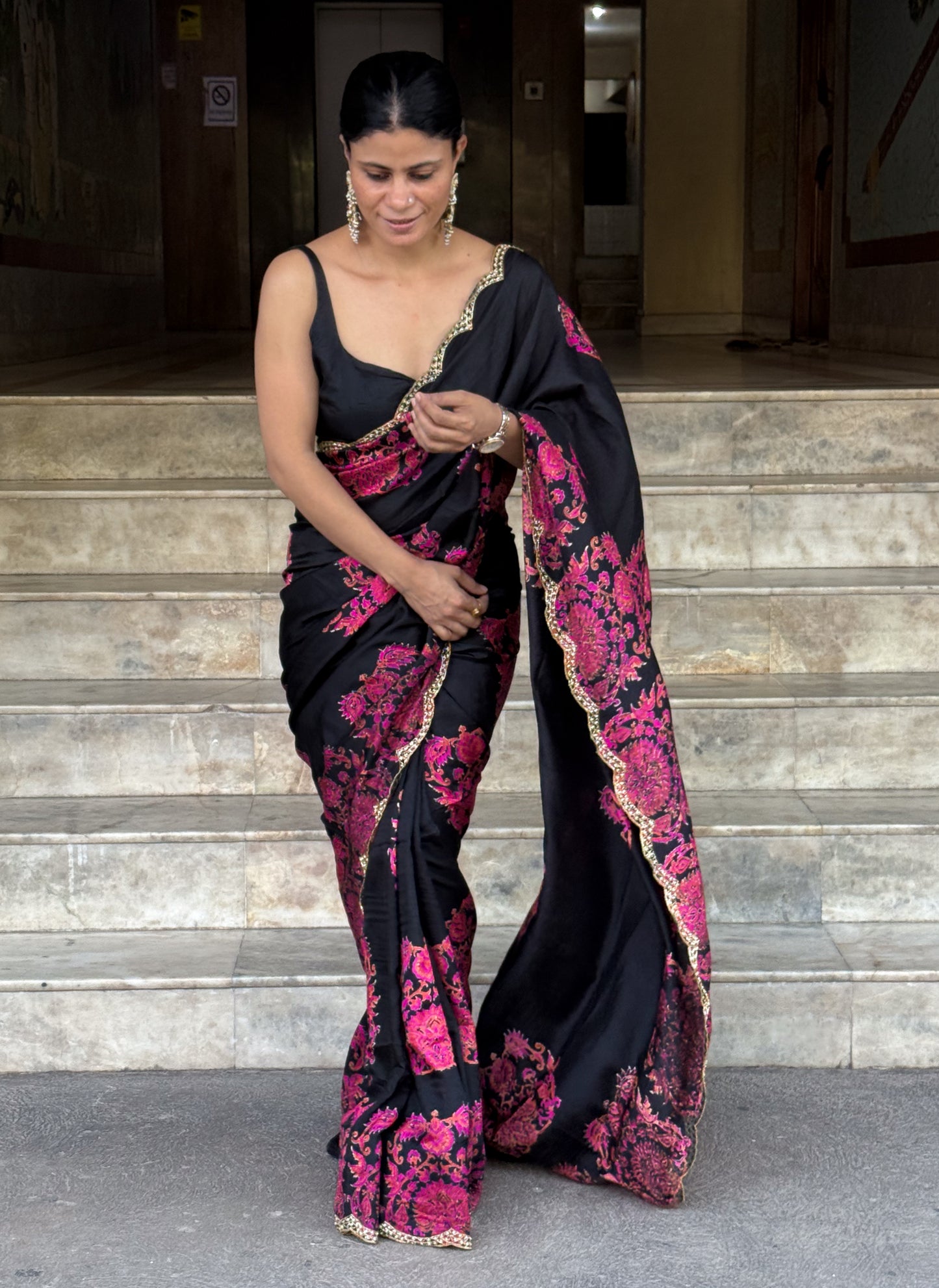 Handloom Hand Block Printed & Hand Embroidered Mulberry Silk Saree
