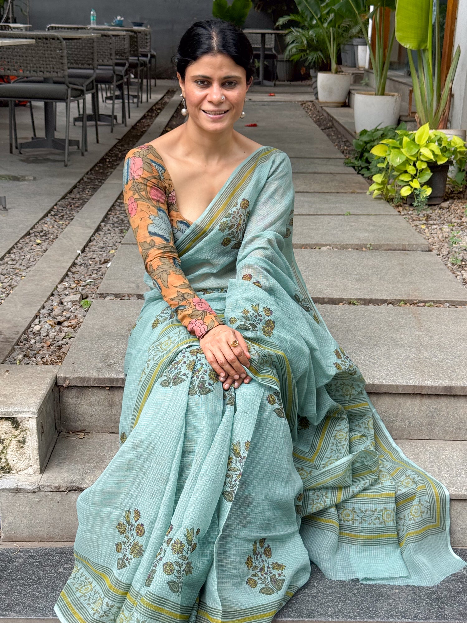 Hand block Printed  Kota Doria Saree