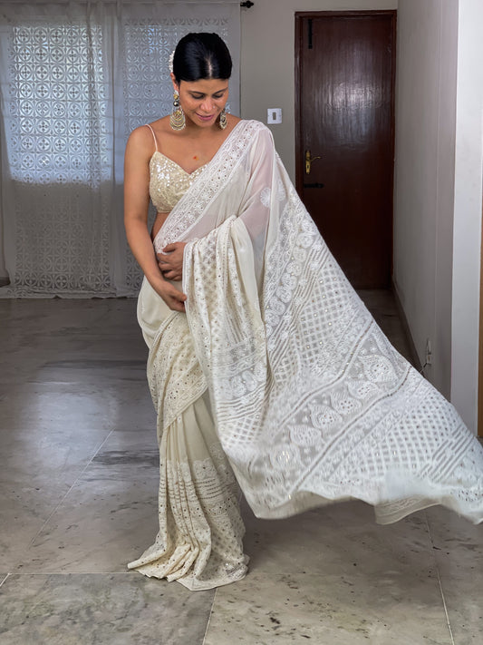 Handembroidered  Chikanakri  & Mukaish  Pure georgette Silk Saree