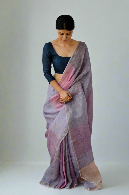 Handloom Pure  Linen Saree Blended With Zari