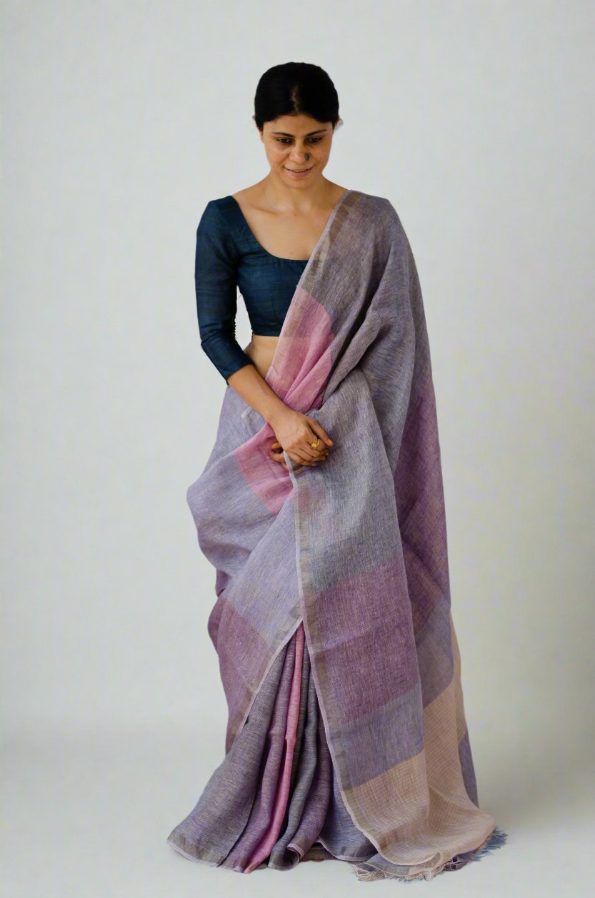 Handloom Pure  Linen Saree Blended With Zari