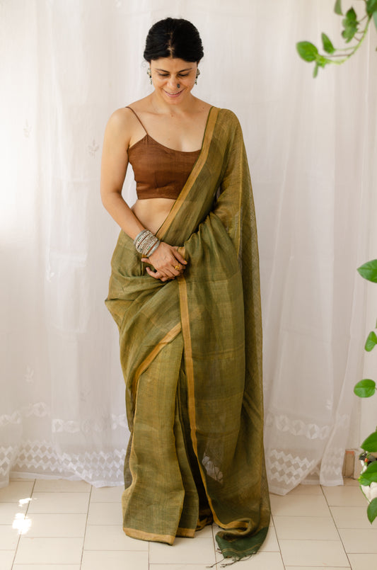 Handloom Metallic Linen Saree Blended With  jari blended