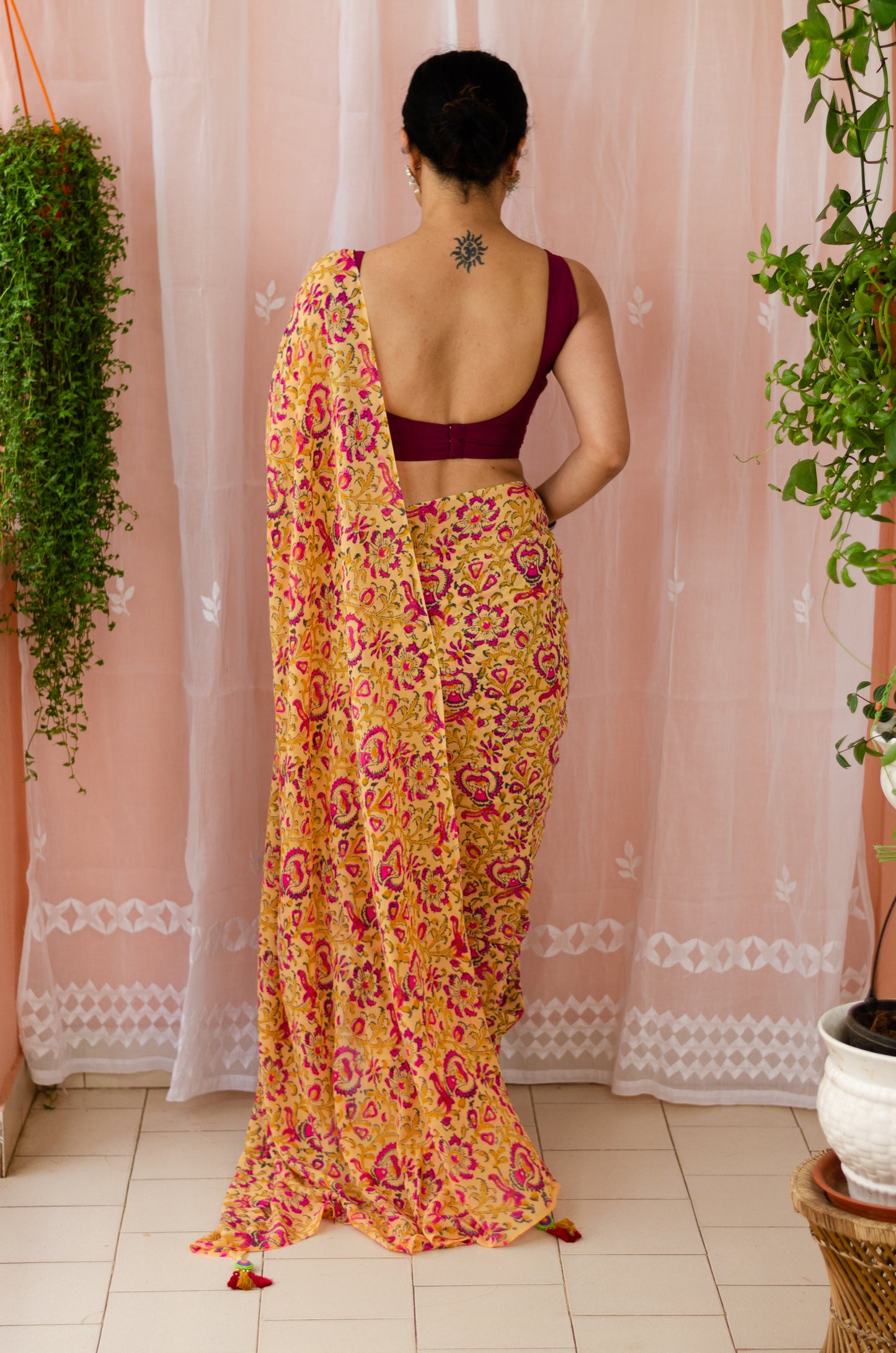 mustard colour with floral handblock printed georgette silk saree