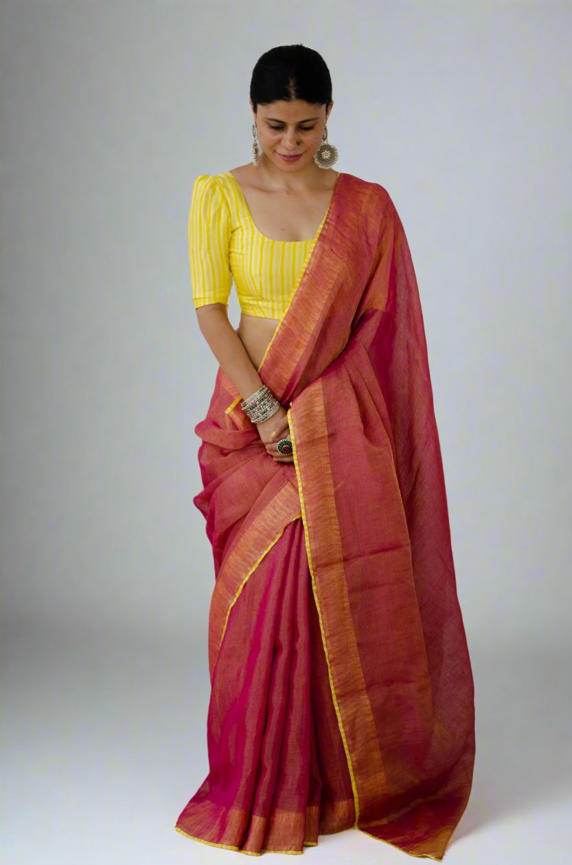 Handloom Metallic Linen Saree With Handblock Printed Organza Silk Fabric Patch Work