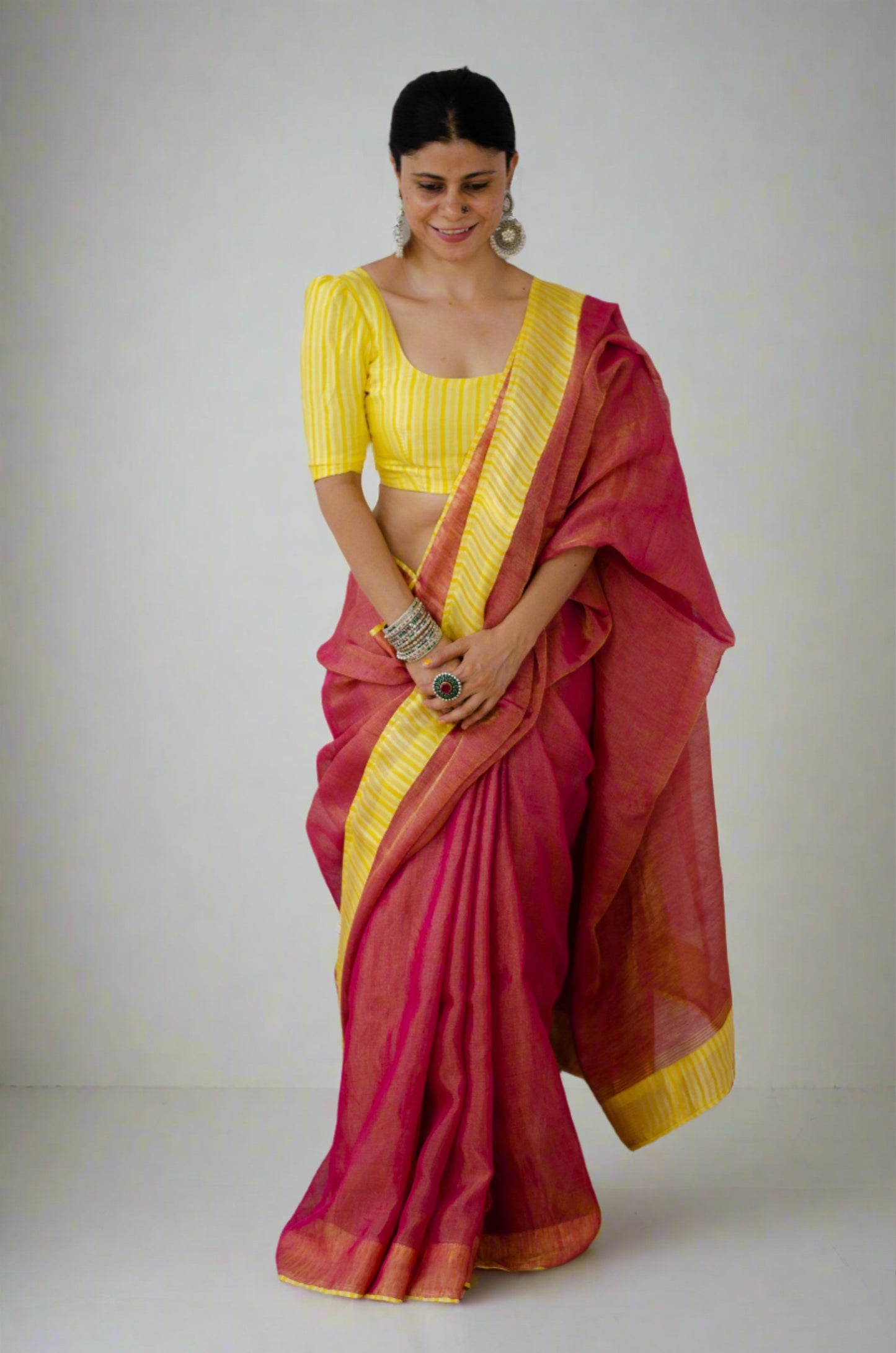 Handloom Metallic Linen Saree With Handblock Printed Organza Silk Fabric Patch Work