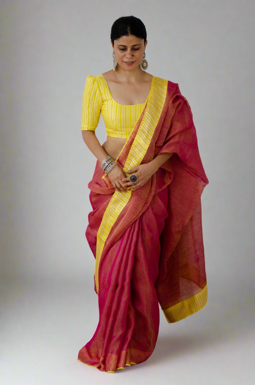 Handloom Metallic Linen Saree With Handblock Printed Organza Silk Fabric Patch Work