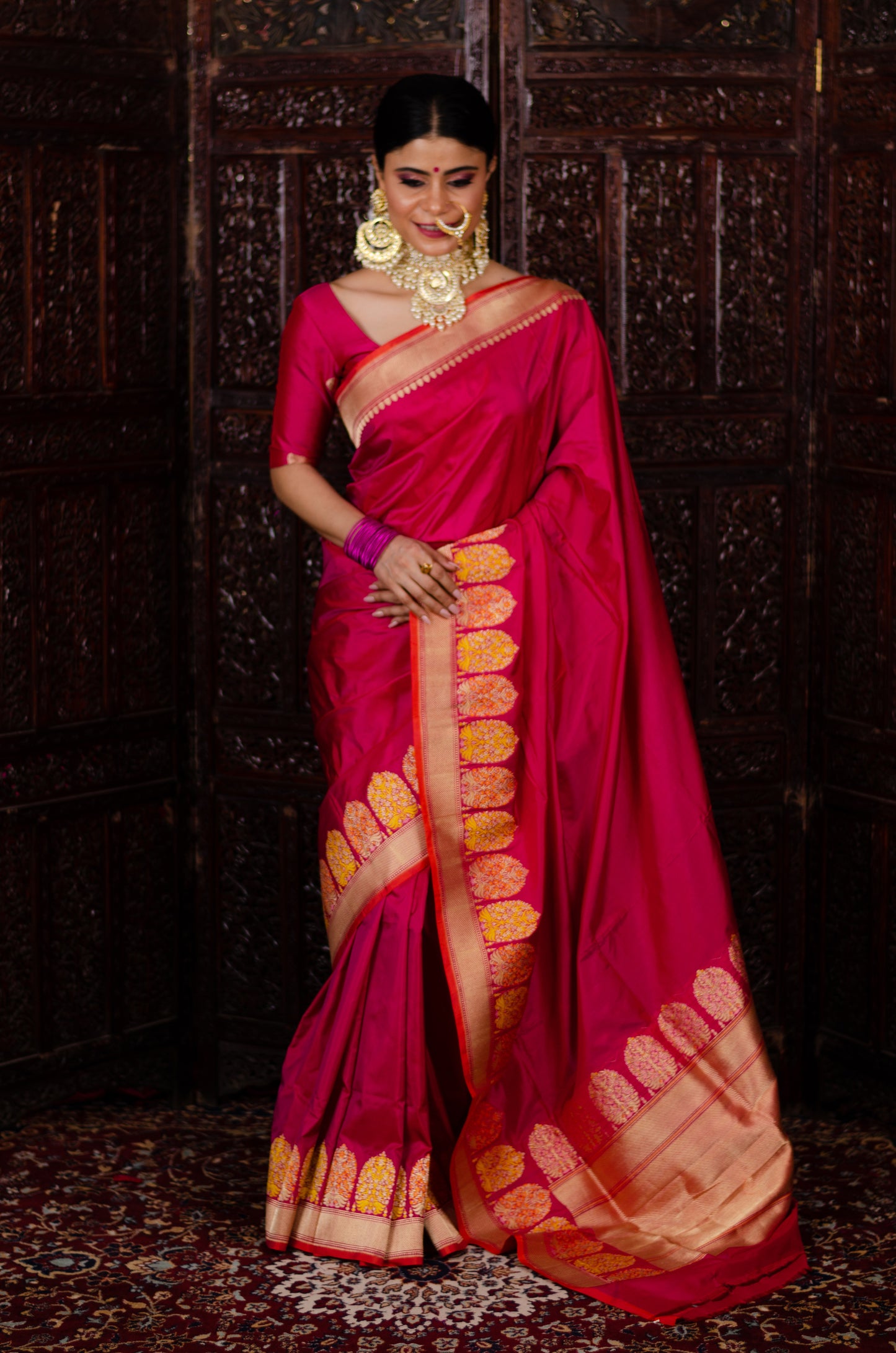 Rani Pink Colour Handwoven  Kadwa Meenakari Katan Silk Banarasi Saree