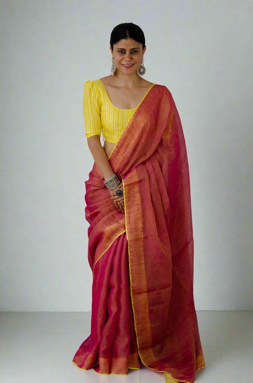 Handloom Metallic Linen Saree With Handblock Printed Organza Silk Fabric Patch Work