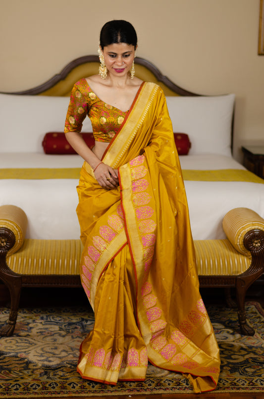 Haldi Yellow kadwa Meenakari Katan Handloom Banarasi Silk Saree.