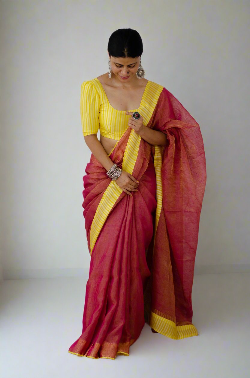 Handloom Metallic Linen Saree With Handblock Printed Organza Silk Fabric Patch Work