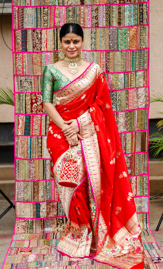 Red Colour Handwoven  Kadwa  Paithani Katan Silk Banarasi Saree