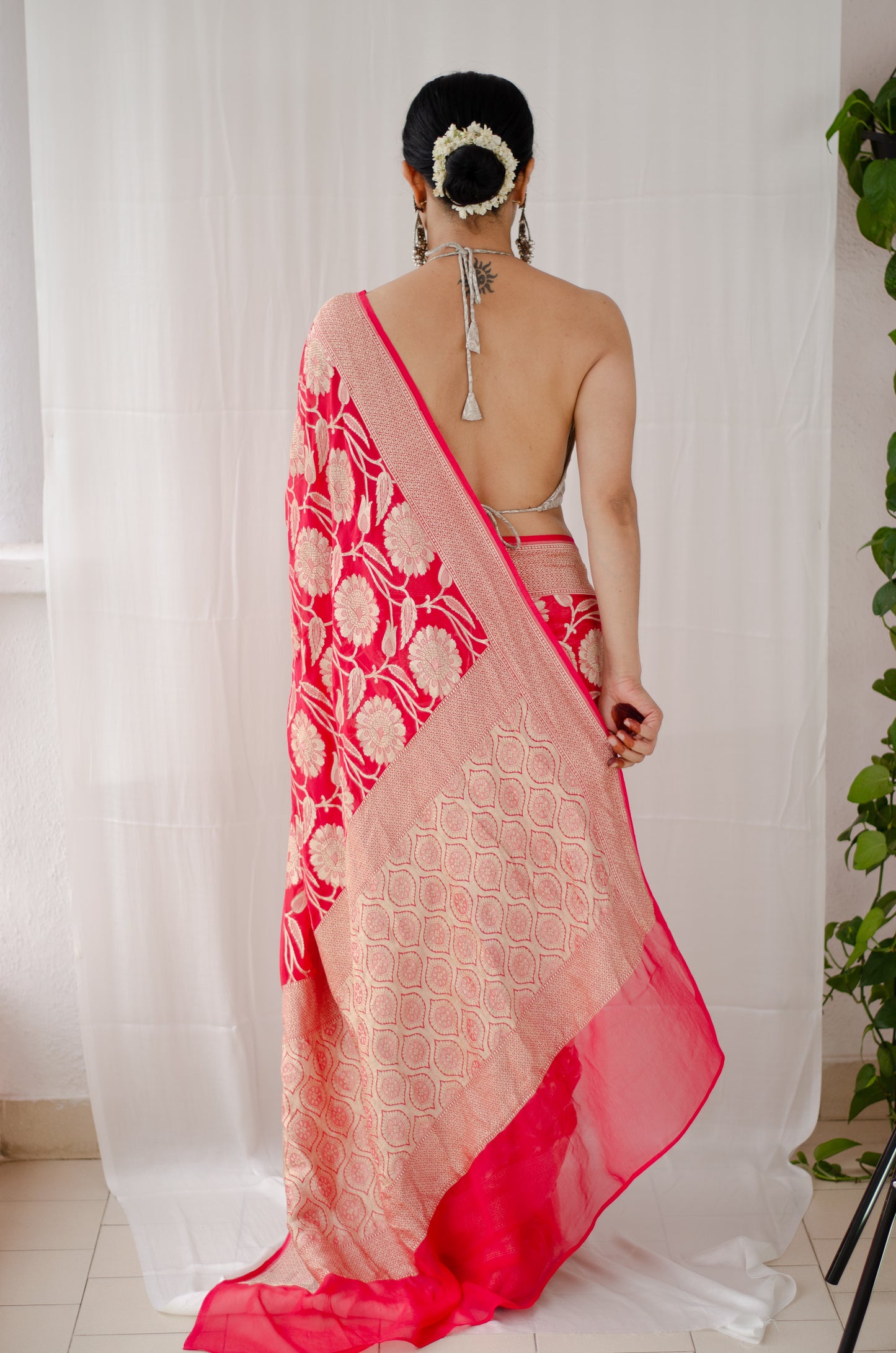 Deep Red Colour Handloom Khaddi Chiffon Banarasi silk Saree