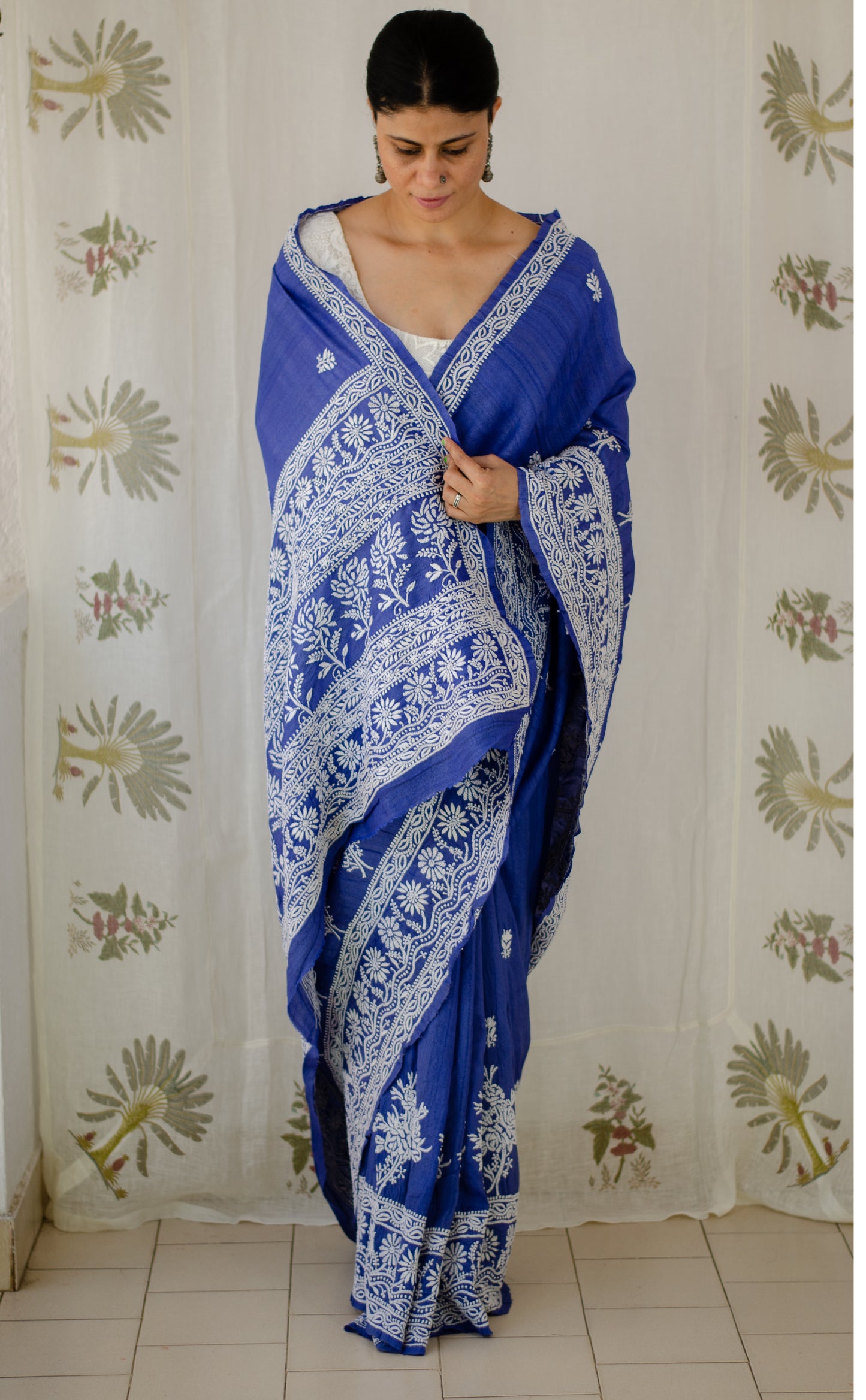 Pure handloom tussar silk saree with intricate hand embroidered chikankari in skirt border