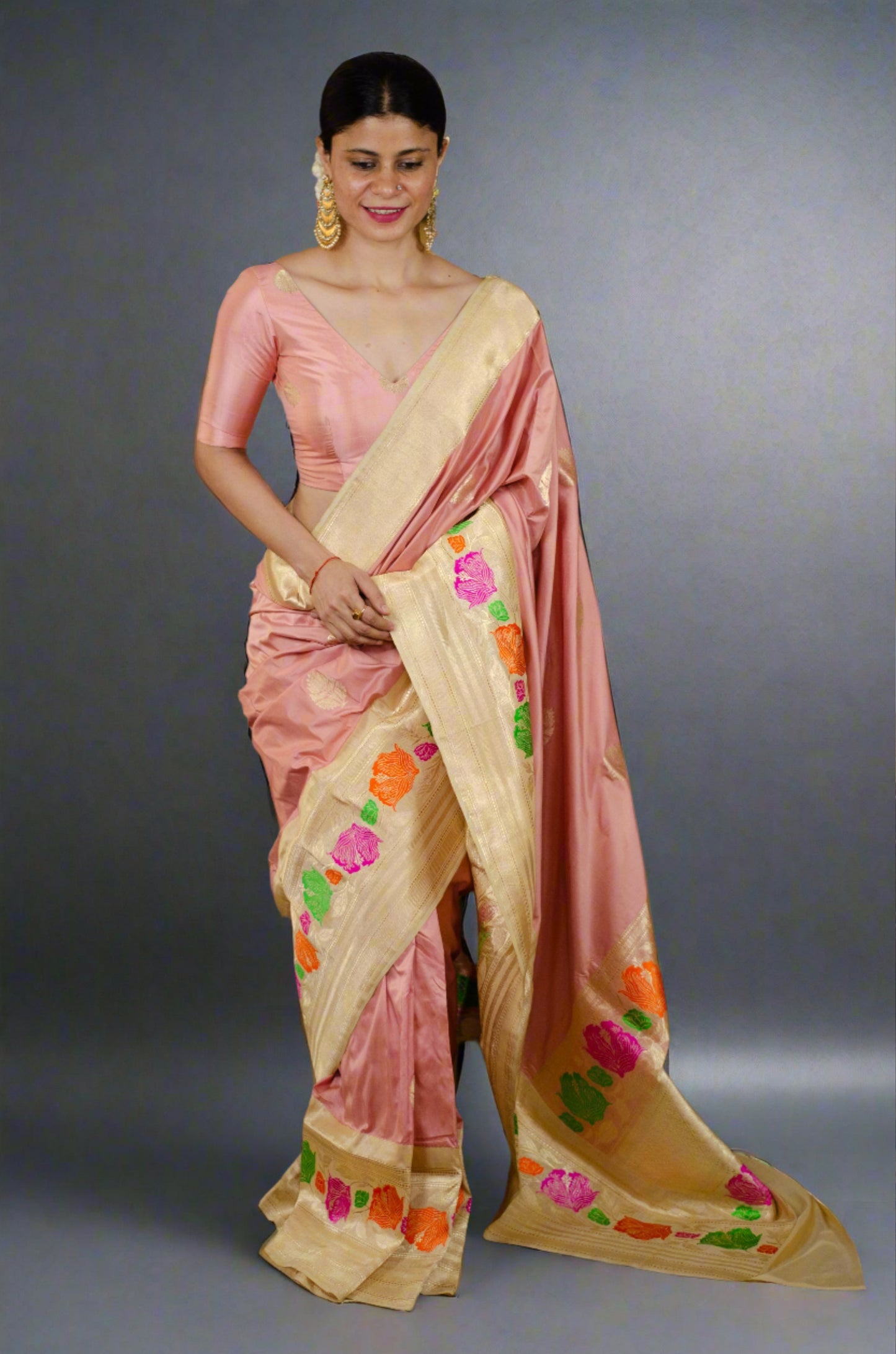 Peach and Beige Colour  Kadwa Rangkart Katan Banarasi  Silk