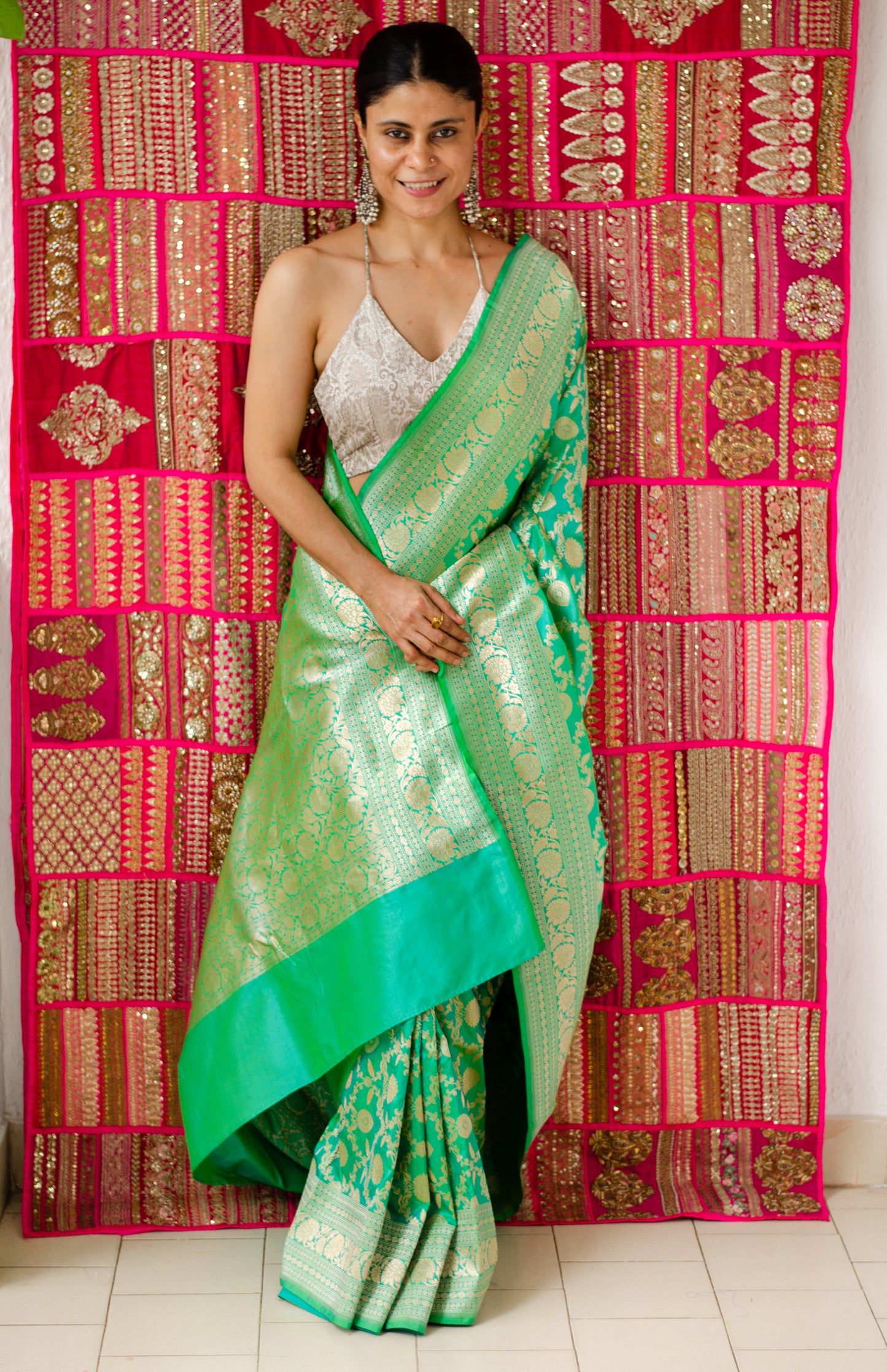 Pista Green Colour Floral Jaal Katan Silk Banarasi Saree