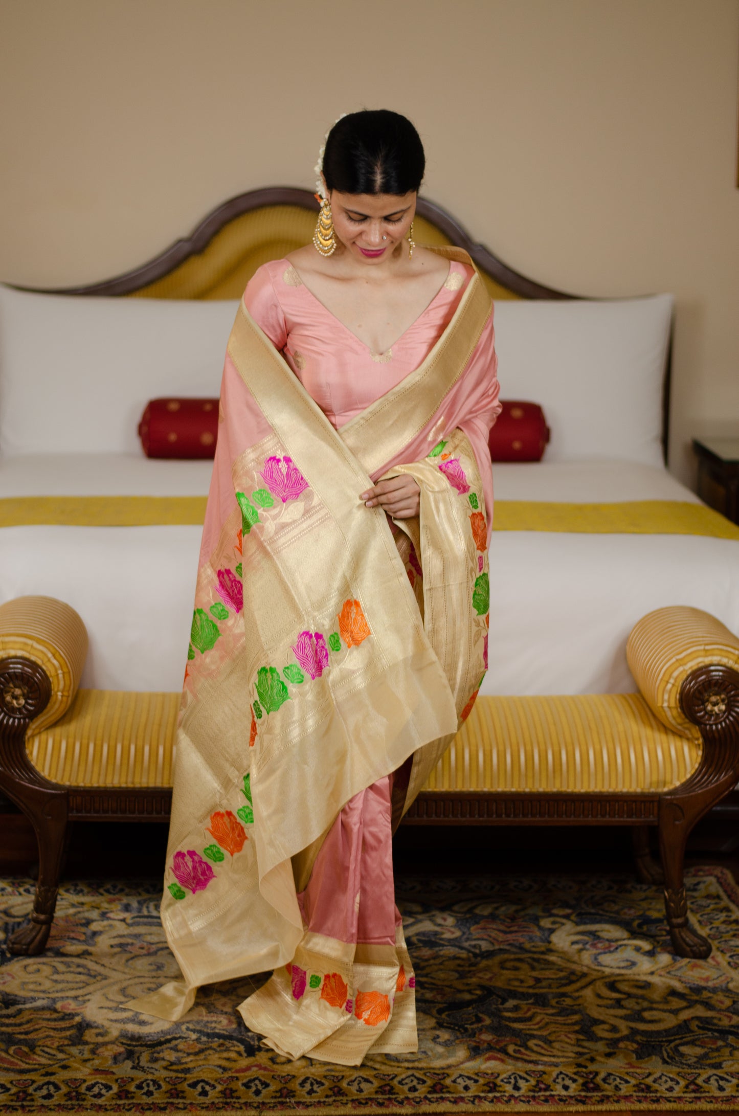Peach and Beige Colour  Kadwa Rangkart Katan Banarasi  Silk