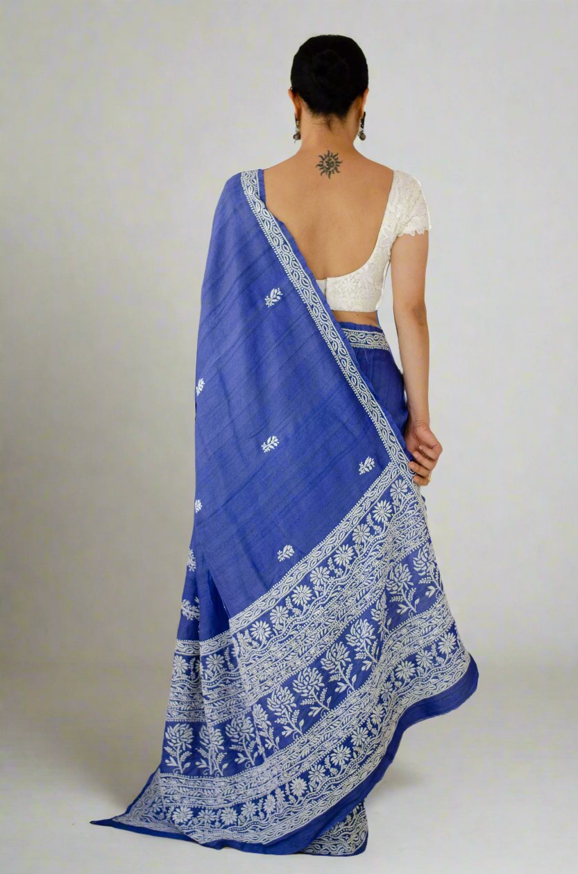 Pure handloom tussar silk saree with intricate hand embroidered chikankari in skirt border