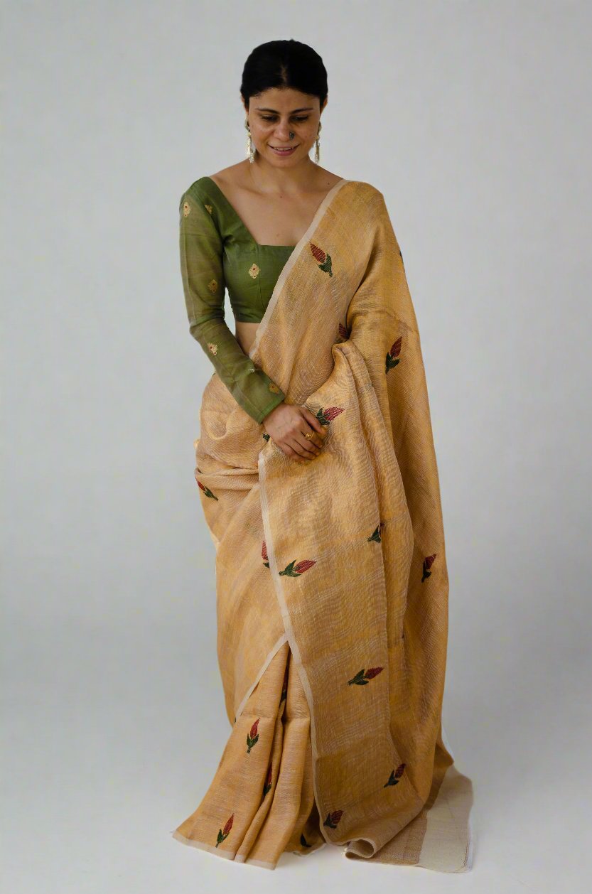 Handwoven Twill Metalic Linen Jamdani Saree
