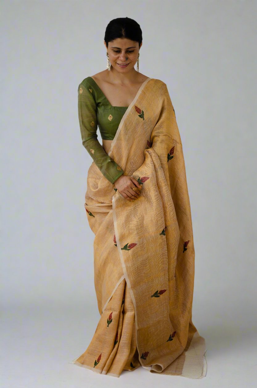 Handwoven Twill Metalic Linen Jamdani Saree