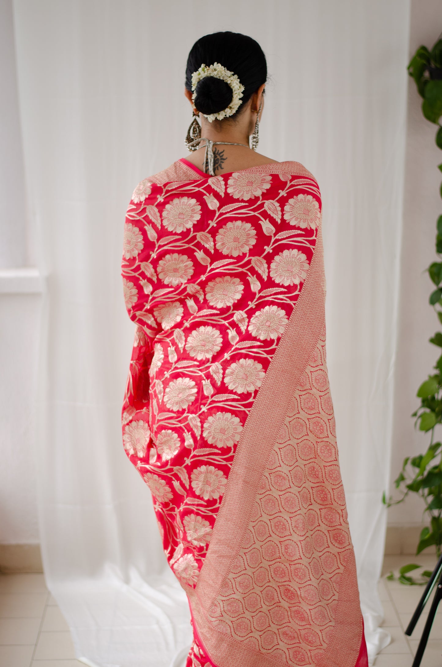 Deep Red Colour Handloom Khaddi Chiffon Banarasi silk Saree