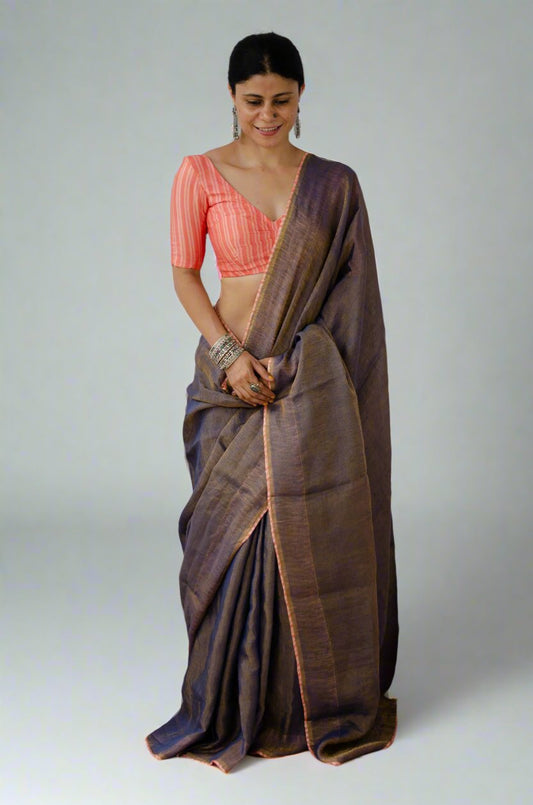 Handloom Metallic Linen Saree With Handblock Printed Organza Silk Fabric Patch Work