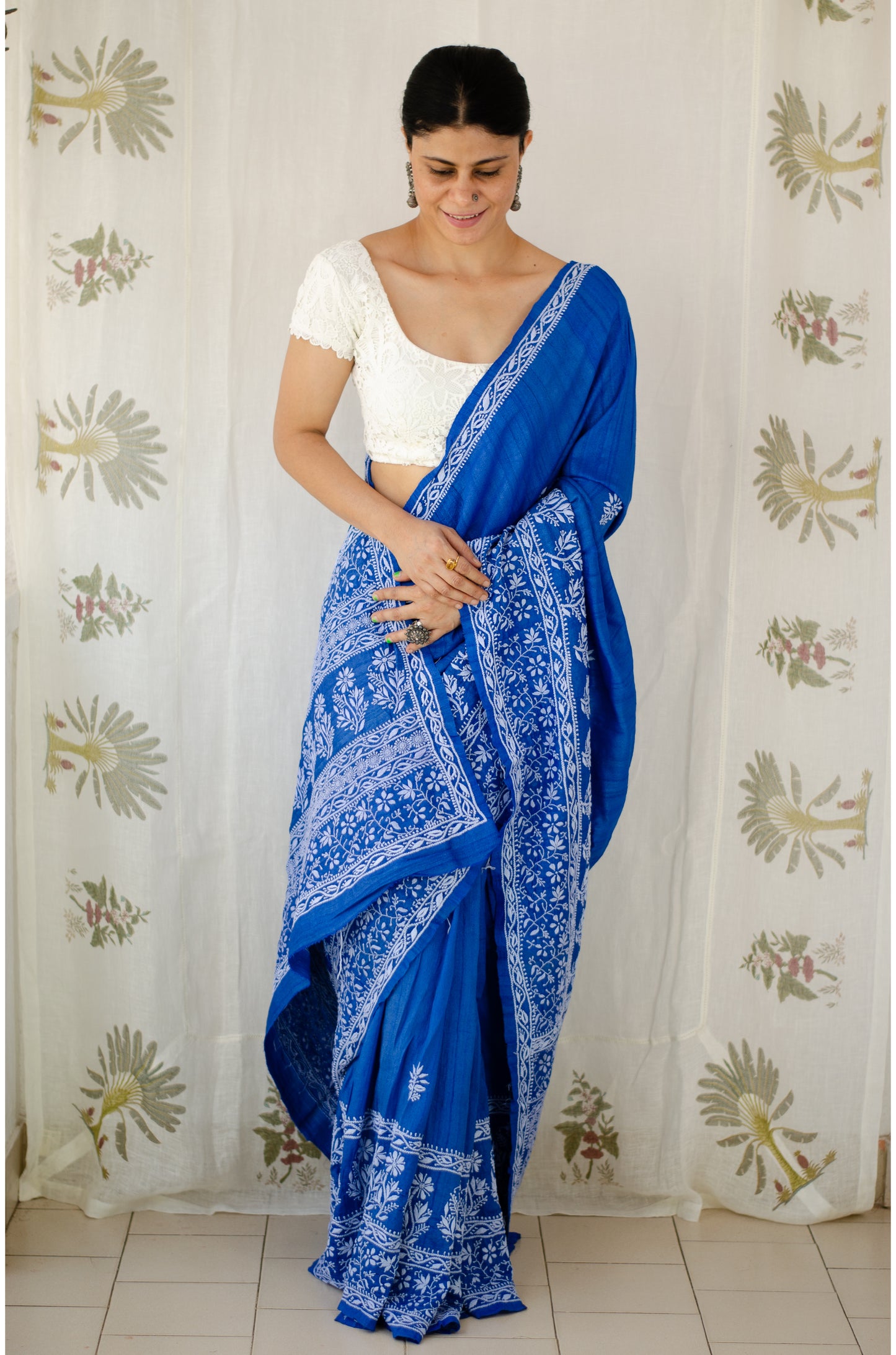 Pure handloom tussar silk saree with intricate hand embroidered chikankari in skirt border