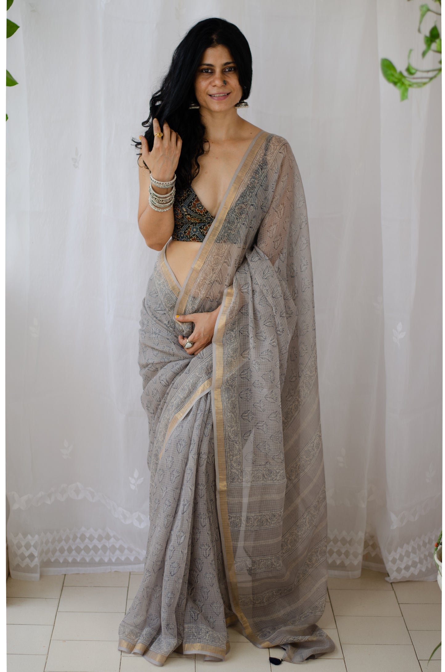 Hand block printed Kota doria saree with Handmade tassels