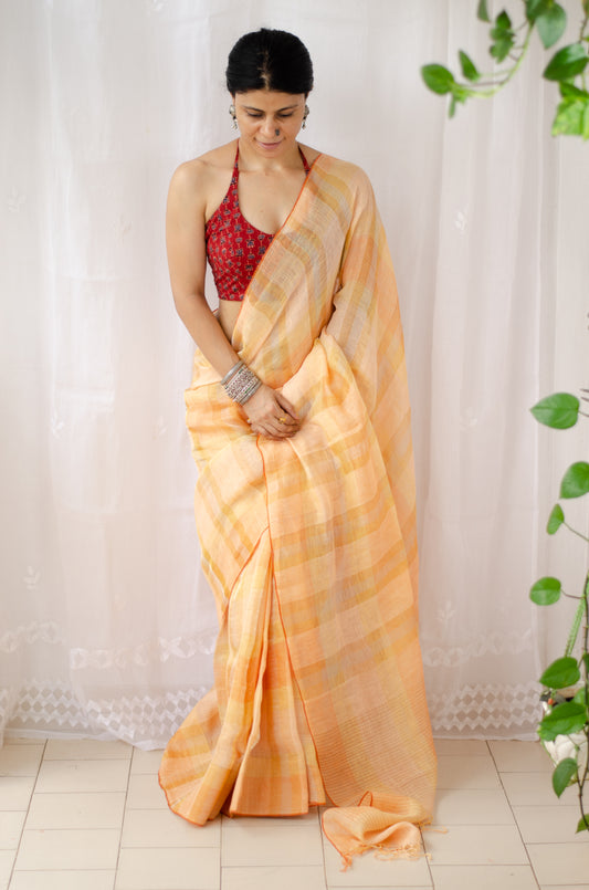 Handloom Linen Saree with jari stripes